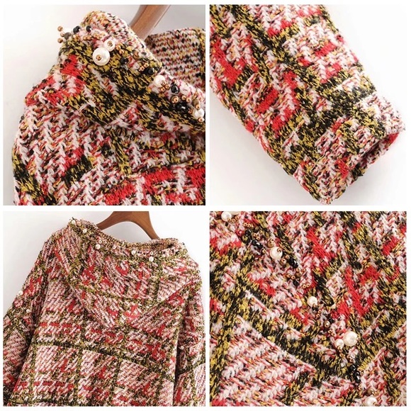 Plaid Knitted Tweed like Sweater with Pearl Beading - Picture 5 of 12